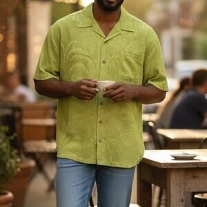 Tommy Bahama Silk Camp Shirt Men XL Tropical Floral Palm Tree Short Sleeve Green